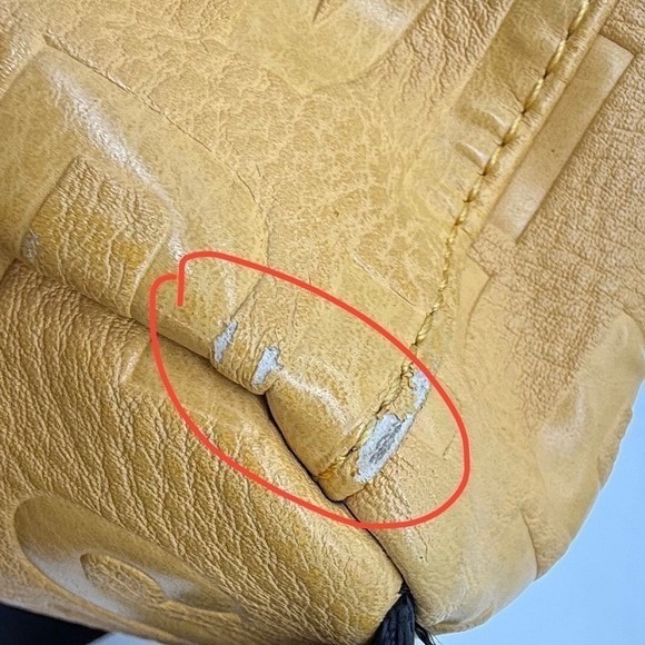 Steve Madden Yellow Embossed Logo Mini Backpack Mustard Tassel -corner peeling - Picture 3 of 11